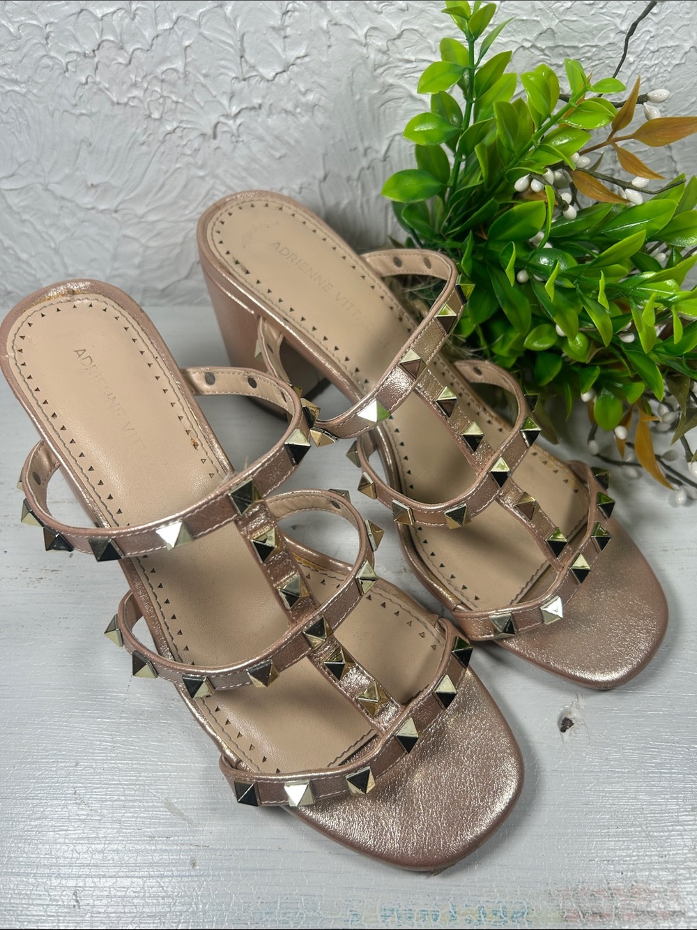 Adrienne Vittadini Metallic Rose Gold Studded Strappy Slide In Block Heel Sandal - Picture 3 of 12